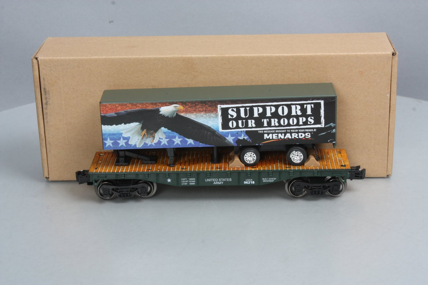Menards 279-3093 O Gauge Military Flatcar with Support Our Troops Trailer EX/Box