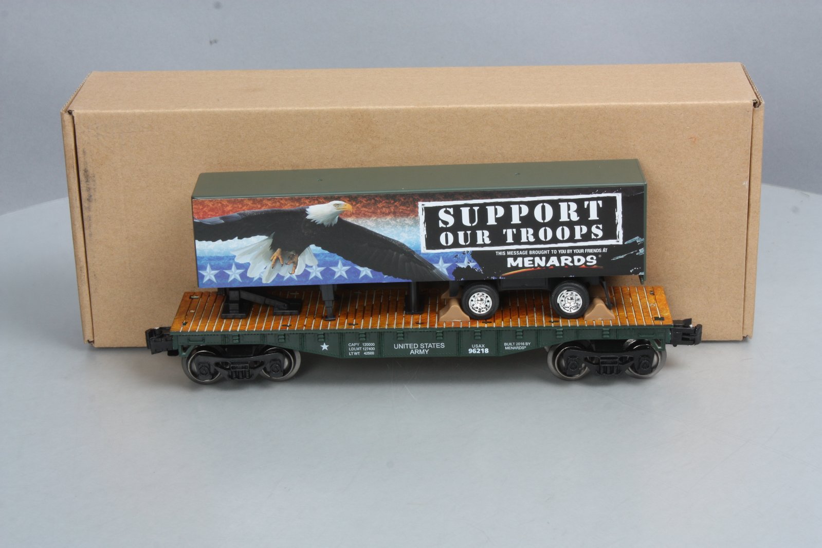 Menards 279-3093 O Gauge Military Flatcar with Support Our Troops Trailer EX/Box