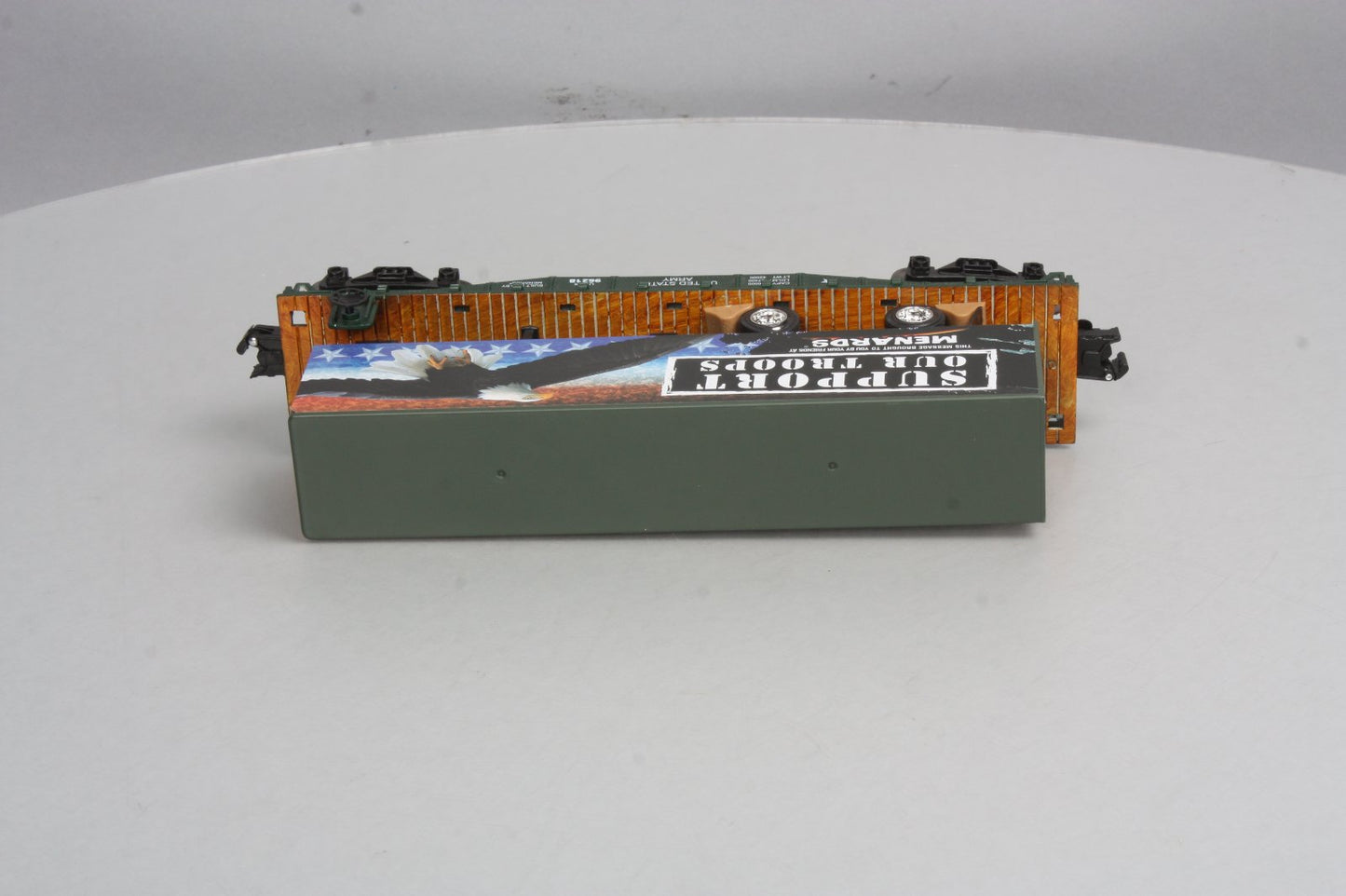 Menards 279-3093 O Gauge Military Flatcar with Support Our Troops Trailer EX/Box