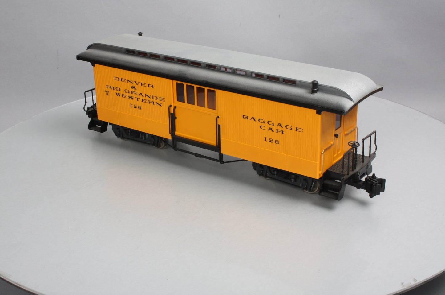 LGB 3084 D&RG Yellow & Silver Baggage Car w/ Custom Figure - Metal Wheels LN/Box