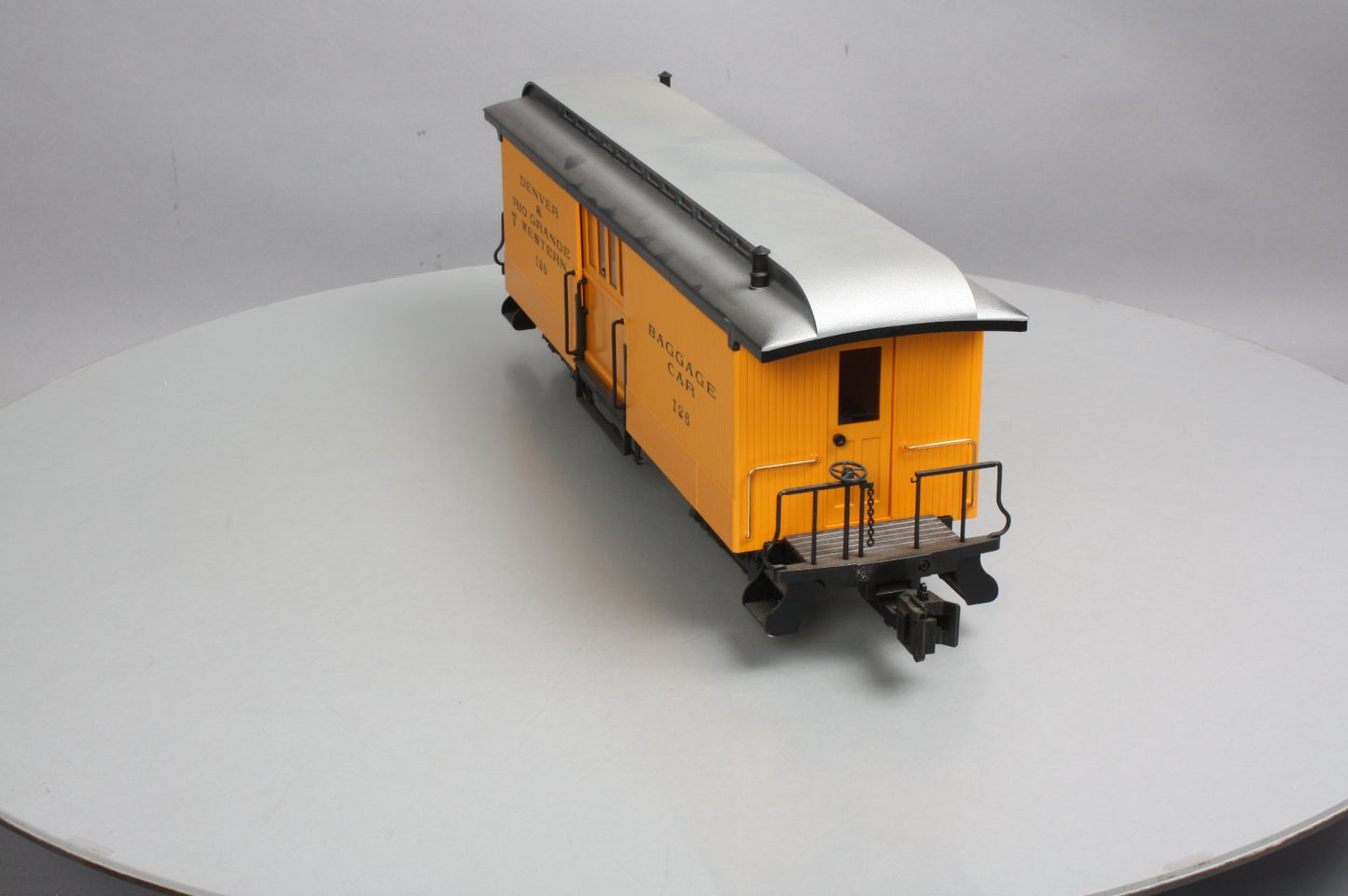 LGB 3084 D&RG Yellow & Silver Baggage Car w/ Custom Figure - Metal Wheels LN/Box