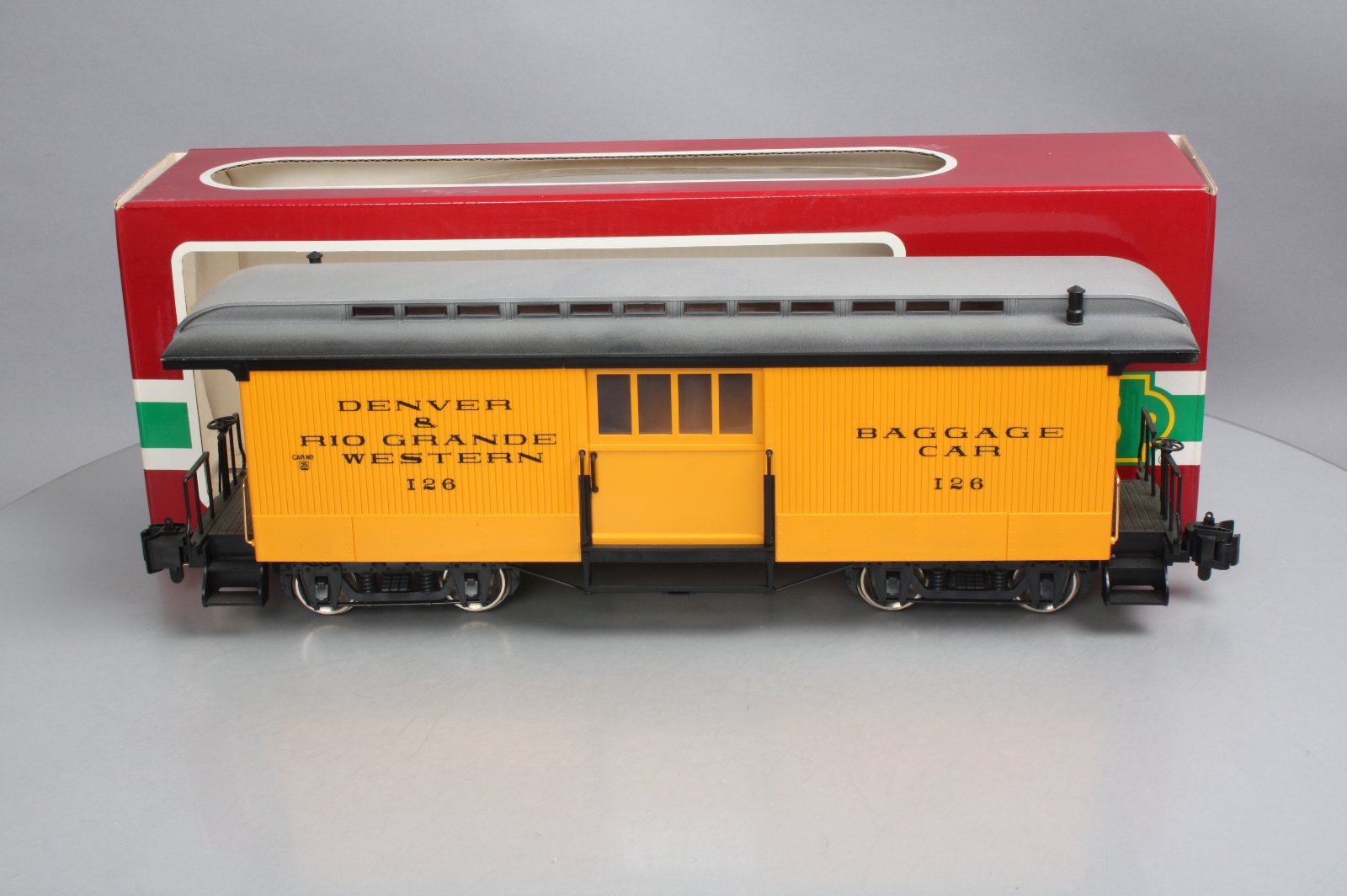 LGB 3084 D&RG Yellow & Silver Baggage Car w/ Custom Figure - Metal Wheels LN/Box
