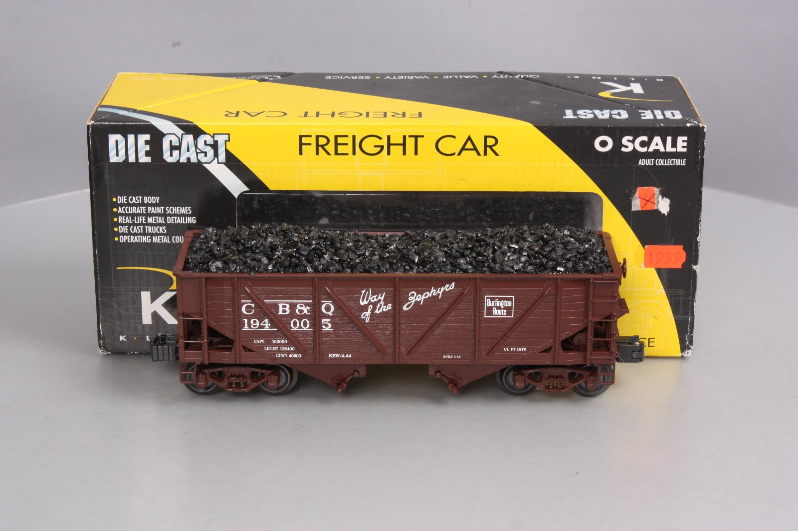 K-Line K6255-1331 O Gauge CB&Q 2-Bay Die Cast Hopper w/ Coal Load #194673 LN/Box