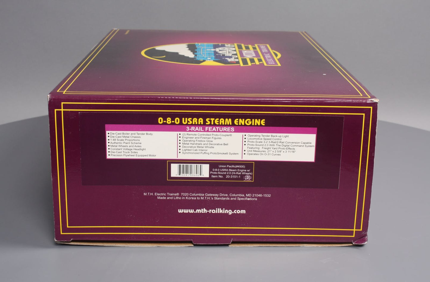 MTH 20-3151-1 O Union Pacific 0-8-0 USRA Steam Engine & Tender with PS2 #4500 LN/Box