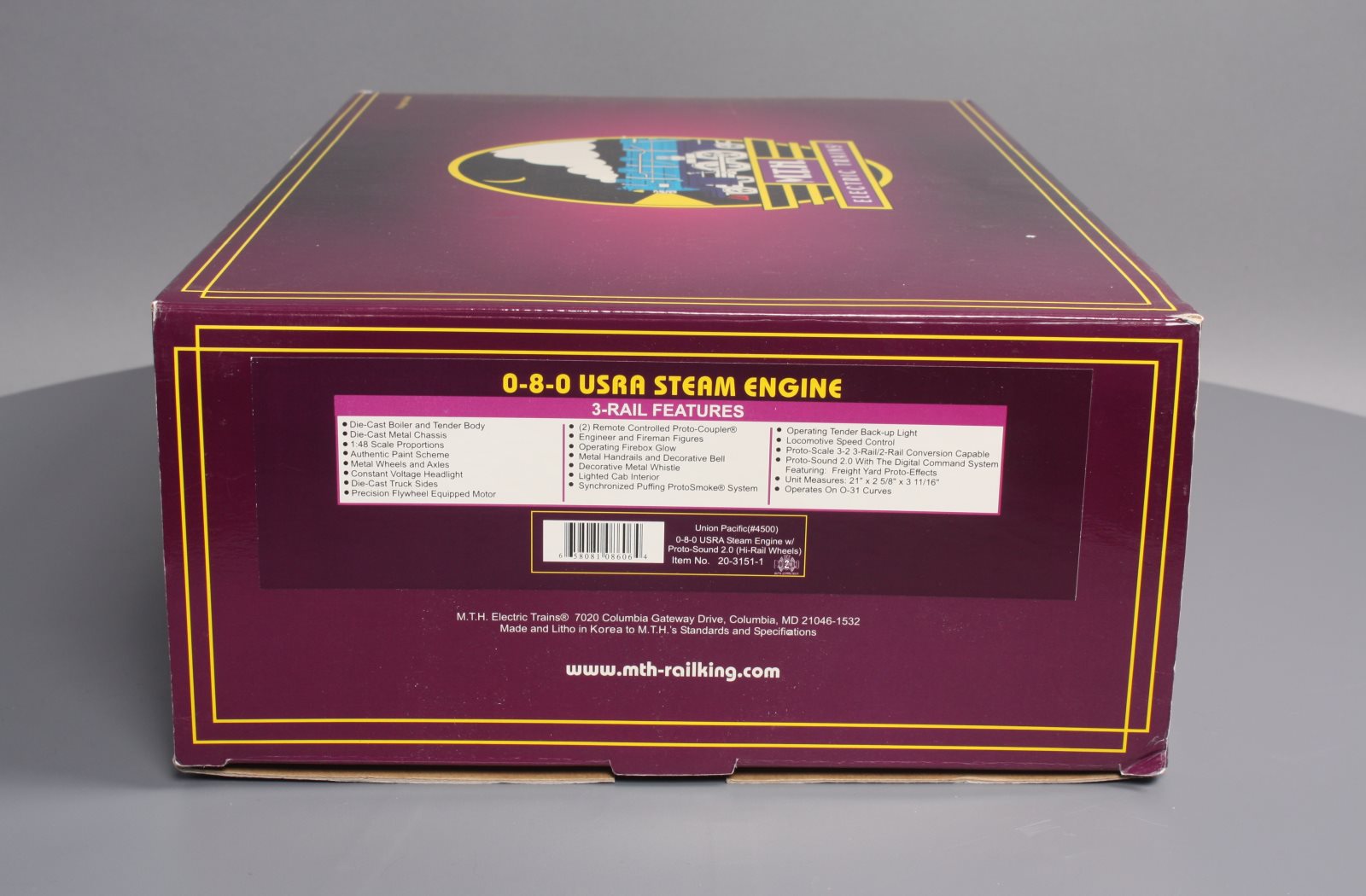 MTH 20-3151-1 O Union Pacific 0-8-0 USRA Steam Engine & Tender with PS2 #4500 LN/Box