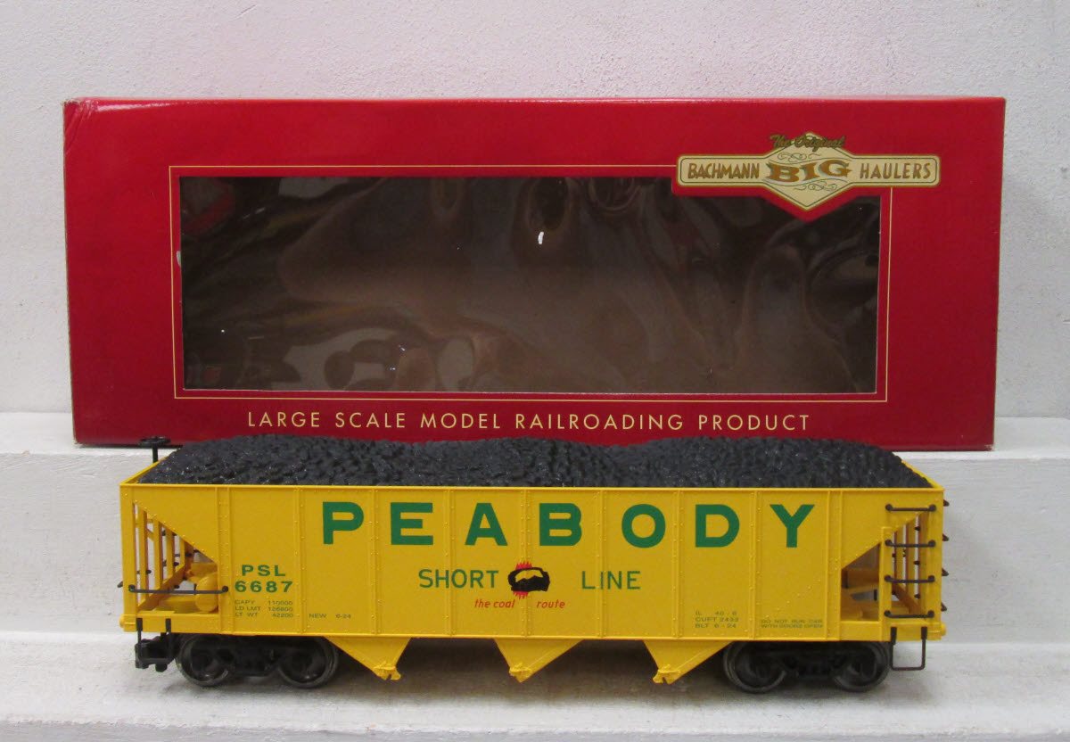 Bachmann 98229 G Scale Peabody 3-Bay Hopper w/ Coal Load (Metal Wheels) EX/Box