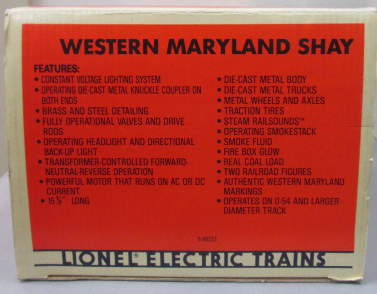 Lionel 6-18023 O Gauge Western Maryland Shay Steam Locomotive #6 LN/Box