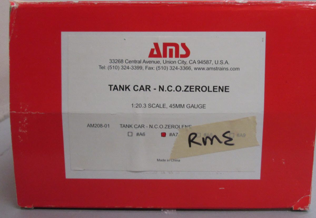 AMS AM208-01 1:20.3 Scale (Narrow Gauge) N.C.O.Zerolene Tank Car #A7 - Metal Wh LN/Box