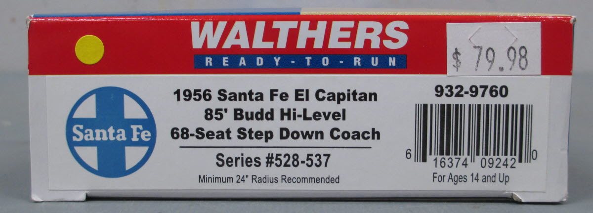 Walthers 932-9760 HO Santa Fe El Capitan 85' Budd Hi-Level Step Down Coach LN/Box