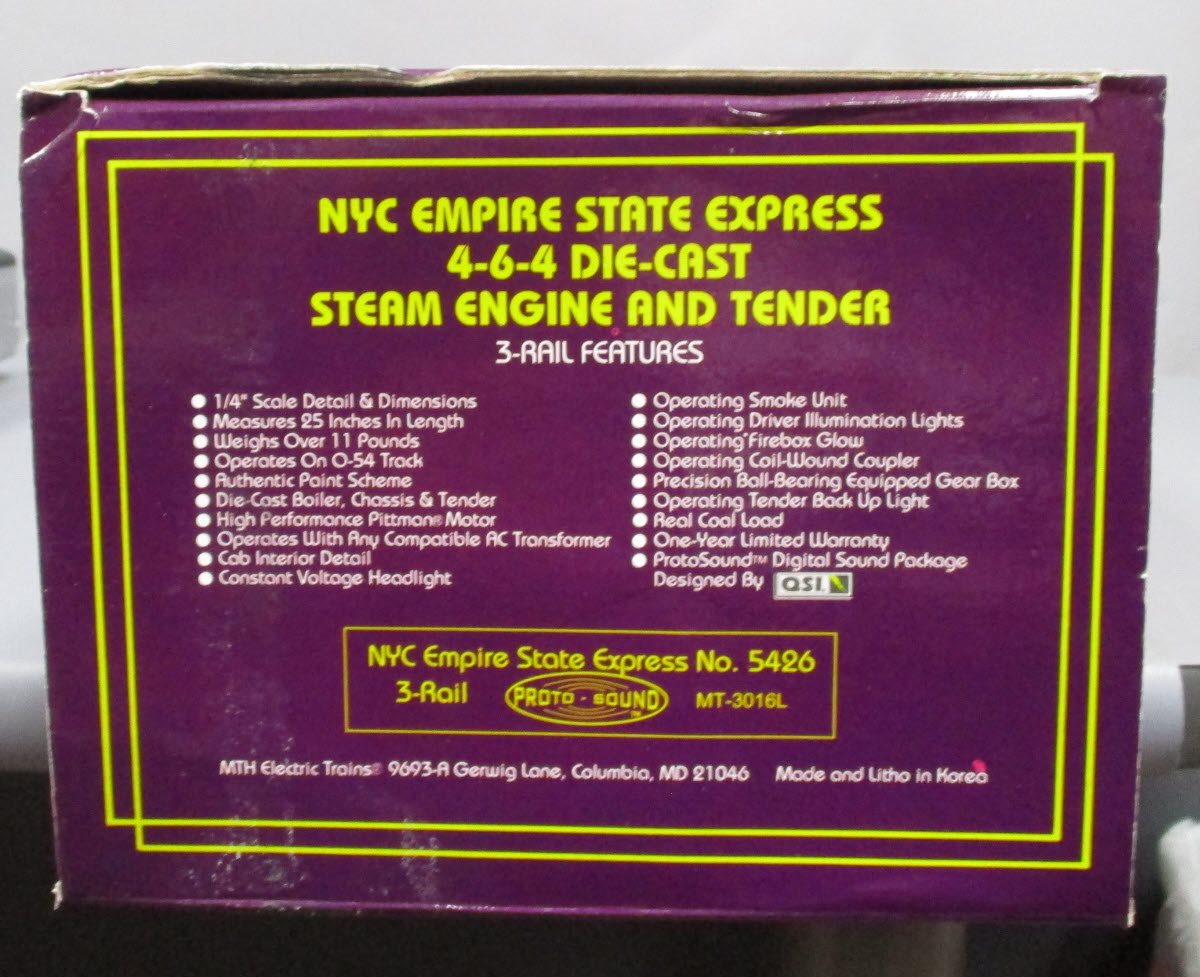 MTH 20-3016-1 NYC Empire State 4-6-4 Steam Loco & Tender w/PS1 #5429 LN/Box