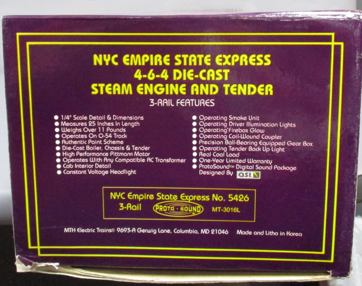 MTH 20-3016-1 NYC Empire State 4-6-4 Steam Loco & Tender w/PS1 #5429 LN/Box