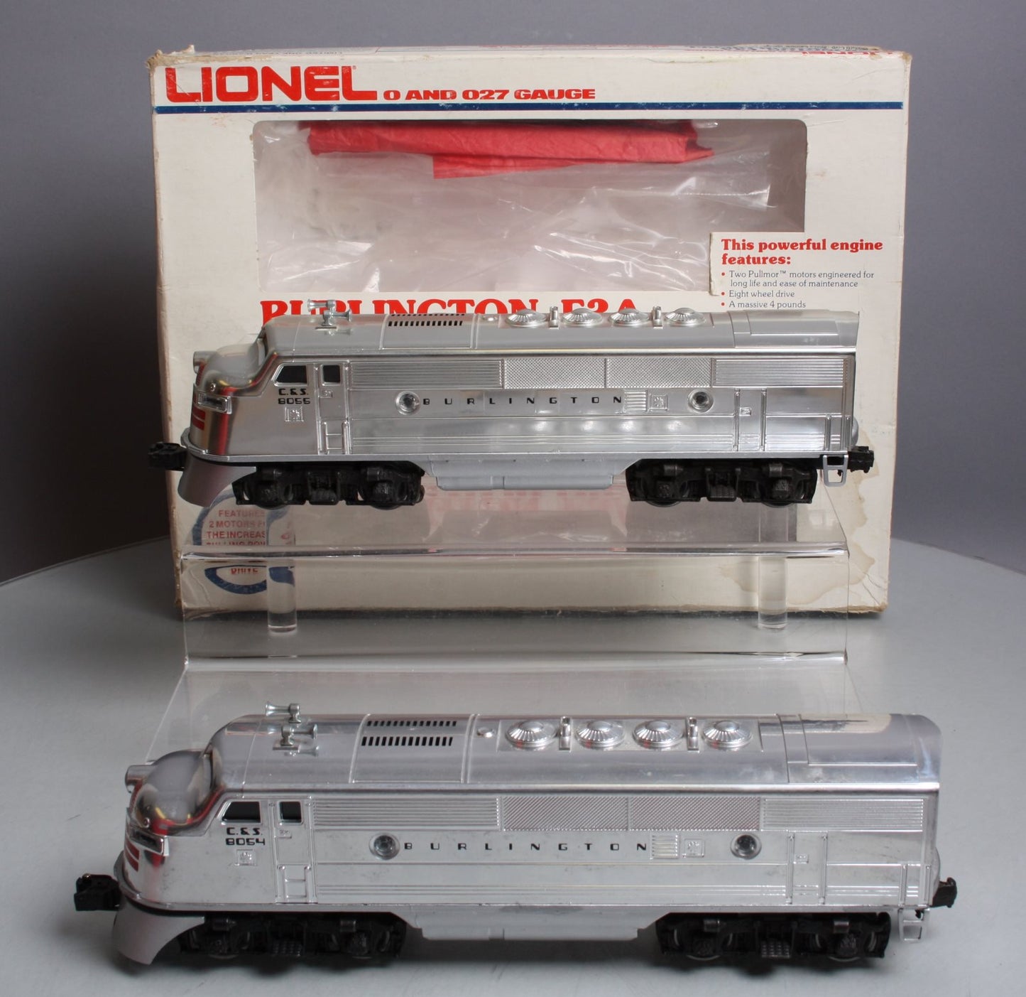 Lionel 6-8054 O Burlington F-3 AA Chrome Diesel Locomotives #8054/#8055 EX/Box