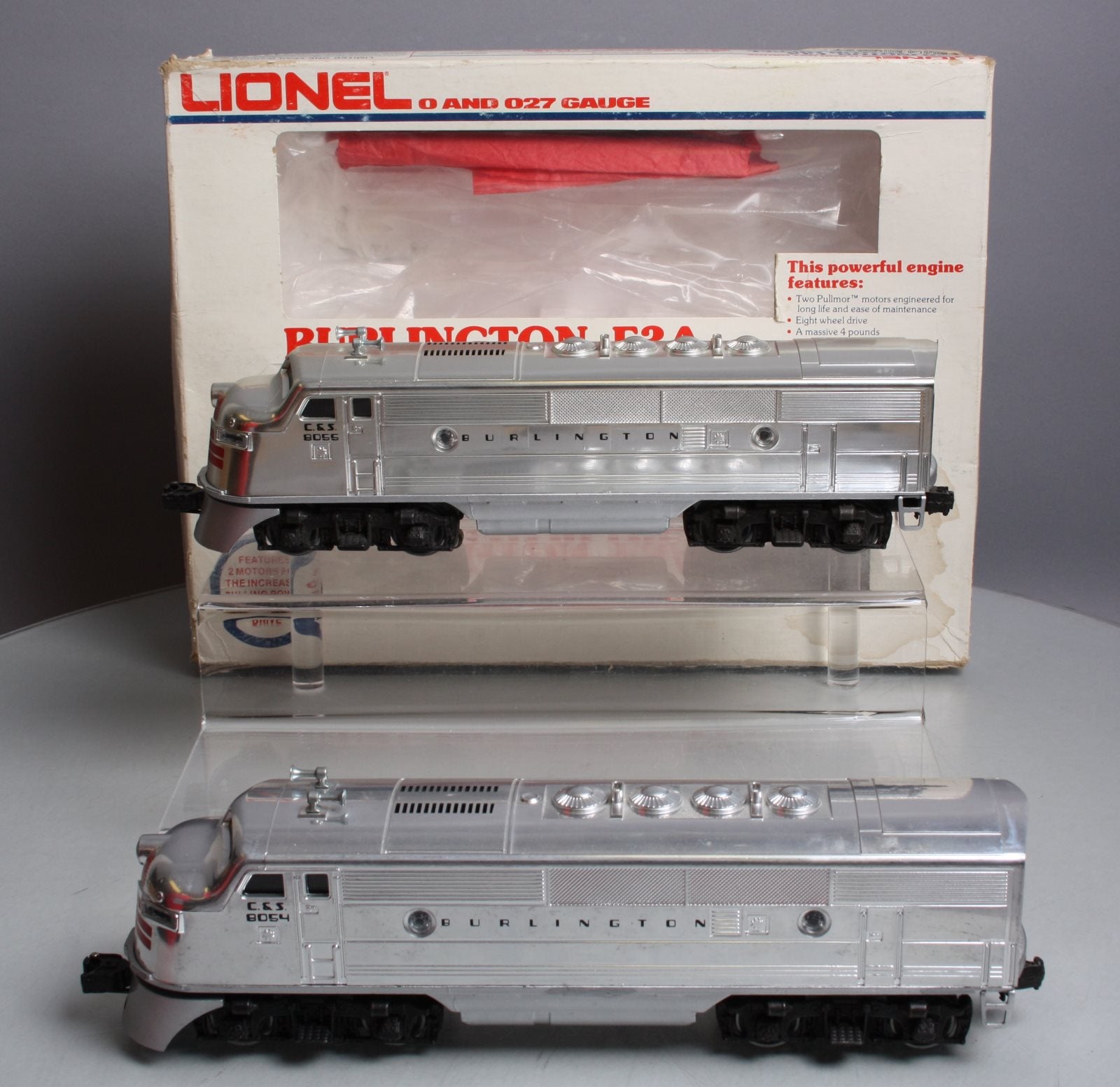 Lionel 6-8054 O Burlington F-3 AA Chrome Diesel Locomotives #8054/#8055 EX/Box