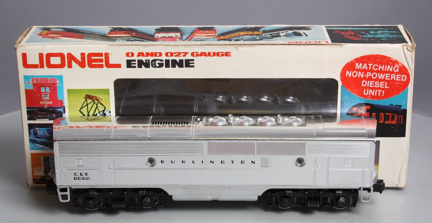 Lionel 6-8062 O Burlington F-3 B-Unit Chrome Non-Powered Diesel Locomotive #8062 VG/Box