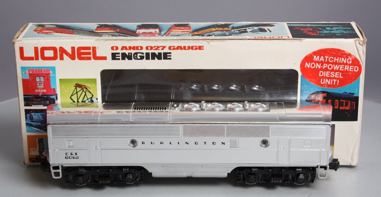 Lionel 6-8062 O Burlington F-3 B-Unit Chrome Non-Powered Diesel Locomotive #8062 VG/Box