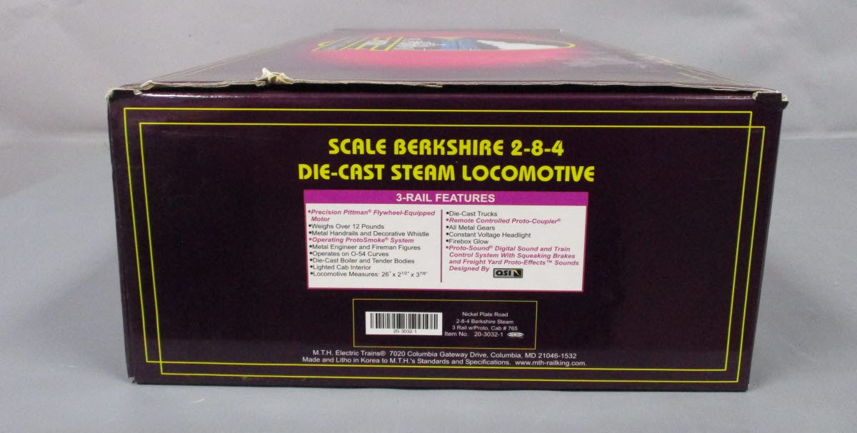 MTH 20-3032-1 O Gauge NKP Berkshire 2-8-4 Steam Locomotive & Tender #765 w/PS1 LN/Box
