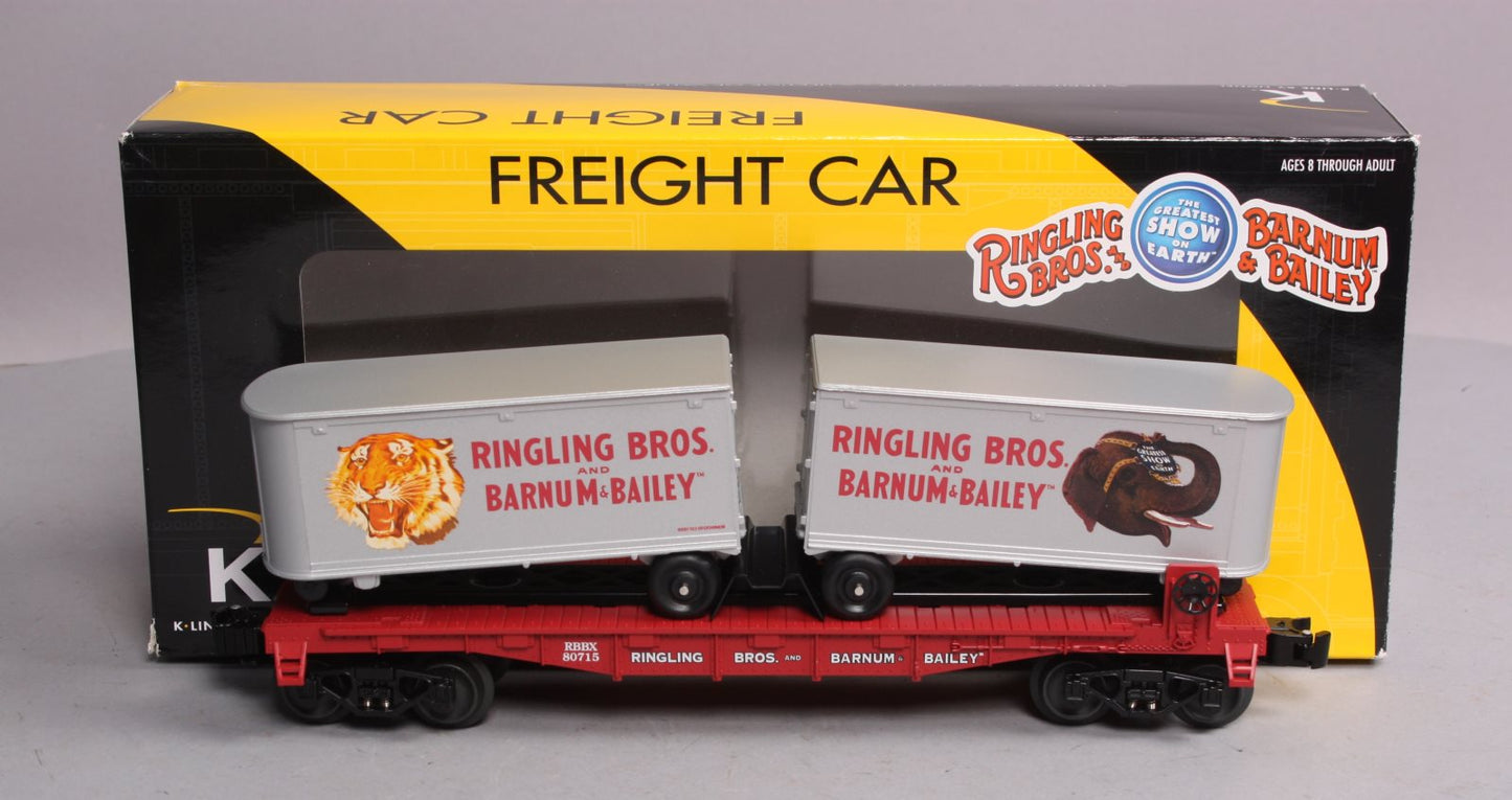 K-Line 6-21471 O Gauge Ringling Bros. Flat Car With 2 Trailers LN/Box