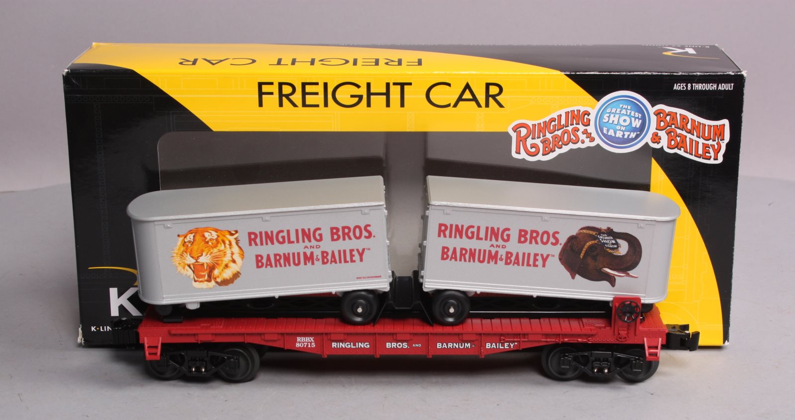 K-Line 6-21471 O Gauge Ringling Bros. Flat Car With 2 Trailers LN/Box