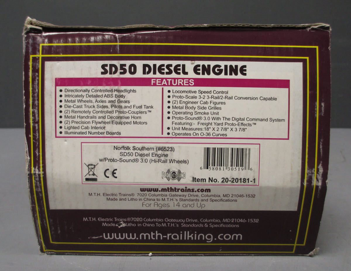 MTH 20-20181-1 Norfolk Southern SD50 Diesel Locomotive #6523 w/PS 3.0 LN/Box