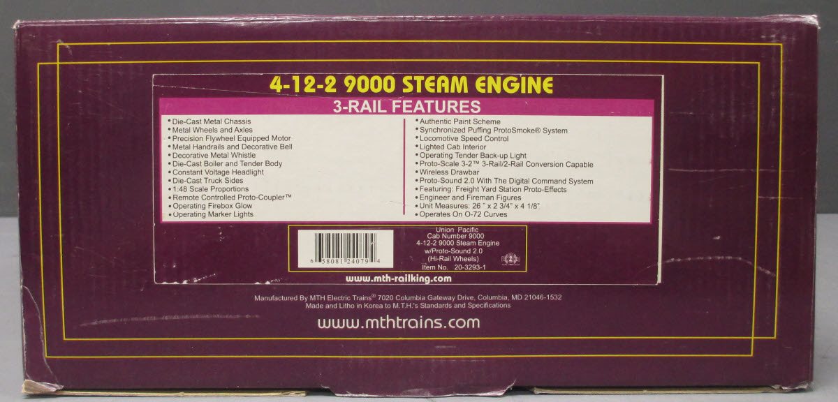 MTH 20-3293-1 Union Pacific 4-12-2 Steam Locomotive & Tender #9000 with PS2 LN/Box