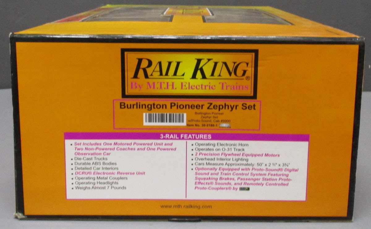 MTH 30-2186-1 O Burlington Pioneer Zephyr Diesel Passenger Train Set w/PS1 LN/Box