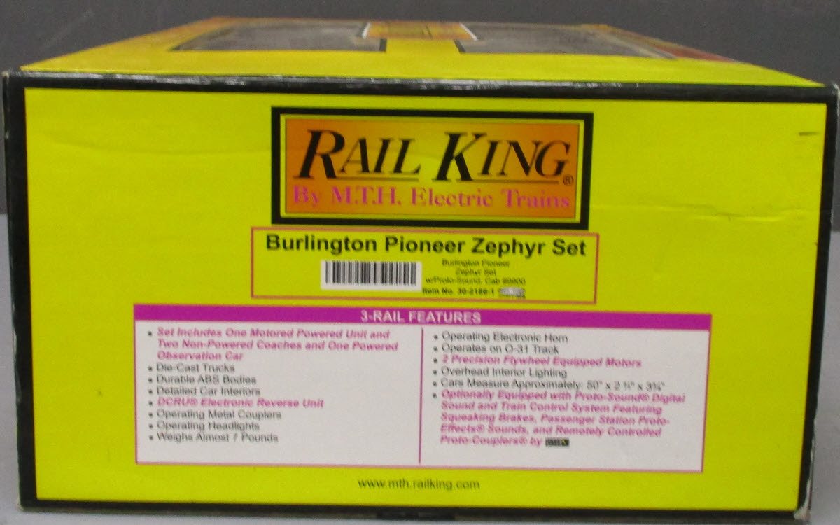 MTH 30-2186-1 O Burlington Pioneer Zephyr Diesel Passenger Train Set w/PS1 LN/Box