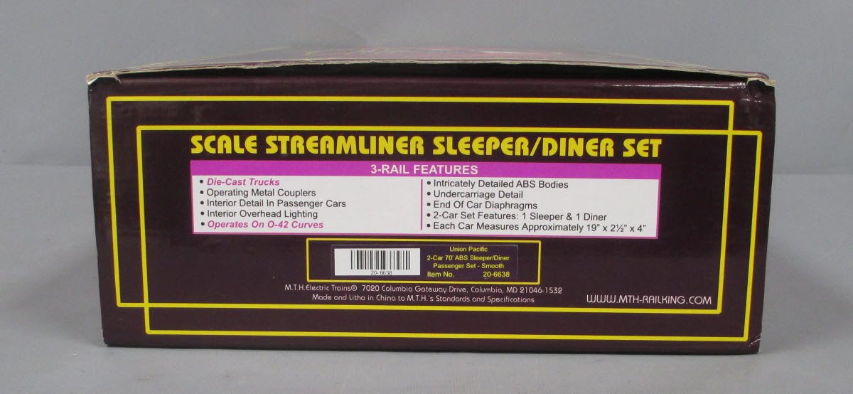 MTH 20-6638 O UP 70' Streamlined Sleeper/Diner Passenger Car Set (Set of 2) EX/Box