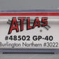 Atlas 48502 N Burlington Northern GP-40 Diesel Locomotive #3022 LN/Box