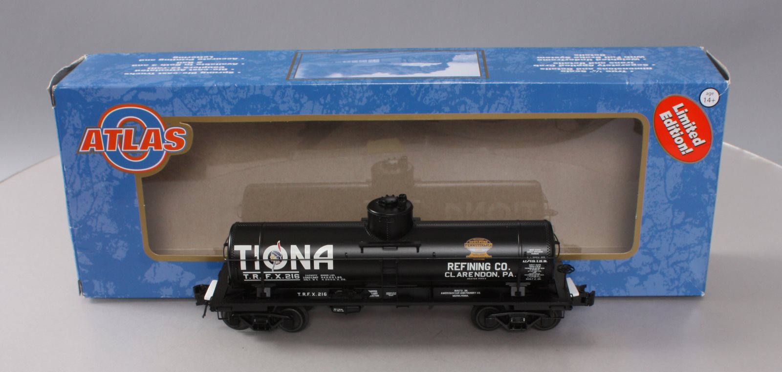 Atlas 3003828-1 O Gauge Tiona Refining Co. 8,000 Gallon Tank Car #216 (3-Rail) LN/Box