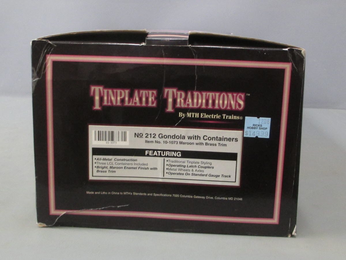 MTH 10-1073 Standard Gauge Tinplate 212 Maroon Gondola with Containers LN/Box