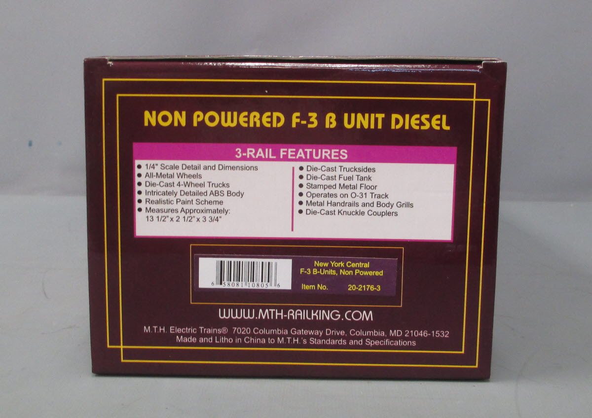 MTH 20-2176-3 O Gauge New York Central F3 B Unit Non-Powered Diesel Engine LN/Box