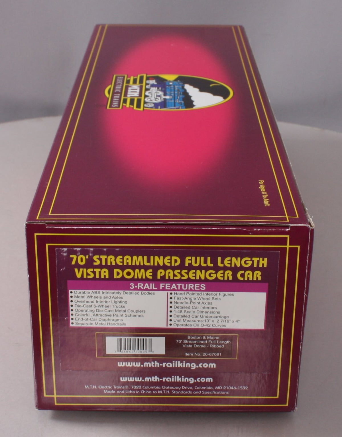 MTH 20-67081 O Gauge Boston & Maine 70' Streamlined Full Lengeth Ribbed Vista D LN/Box