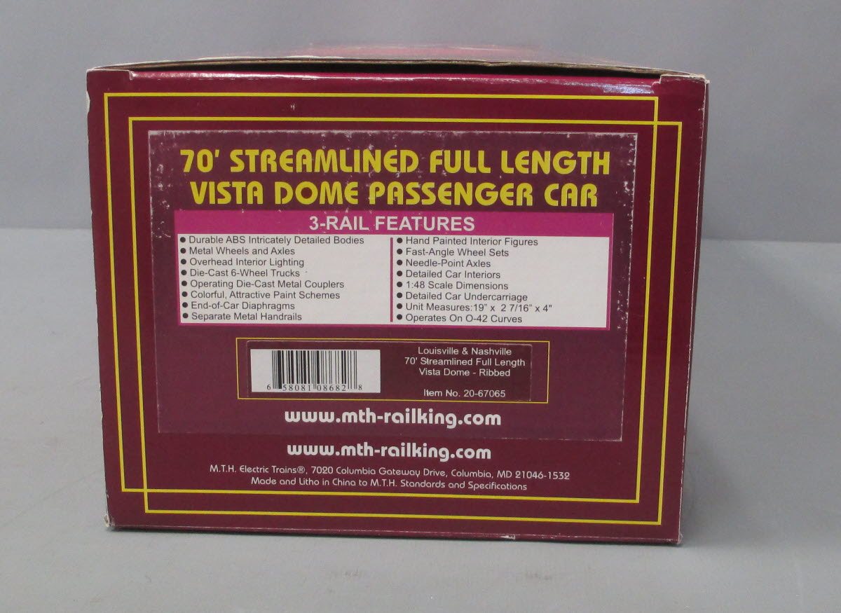 MTH 20-67065 O Gauge Louisville & Nashville 70' Streamlined Vista Dome Car LN/Box