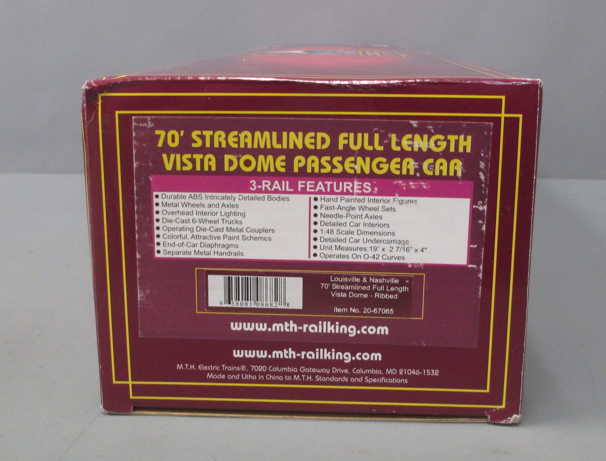 MTH 20-67065 O Gauge Louisville & Nashville 70' Streamlined Vista Dome Car LN/Box