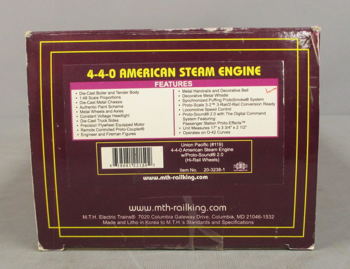 MTH 20-3238-1 UP 4-4-0 American Steam Locomotive & Tender #119 w PS2