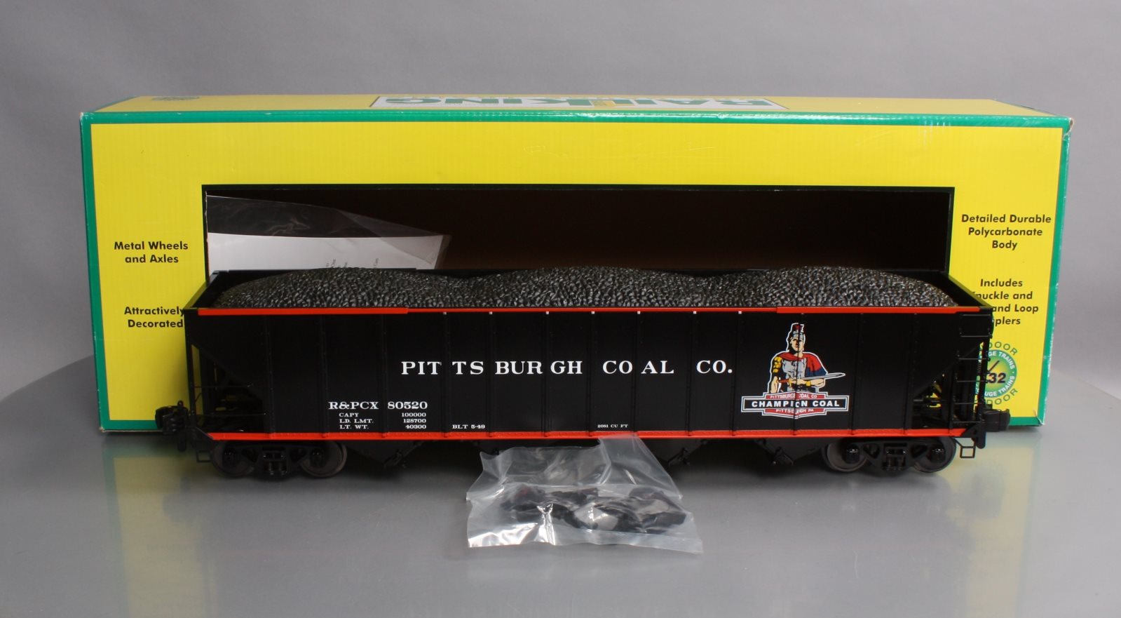 MTH 70-75062 G Scale Pitts Coal Co. Railking 4 Bay Metal Wheels Hopper #80520