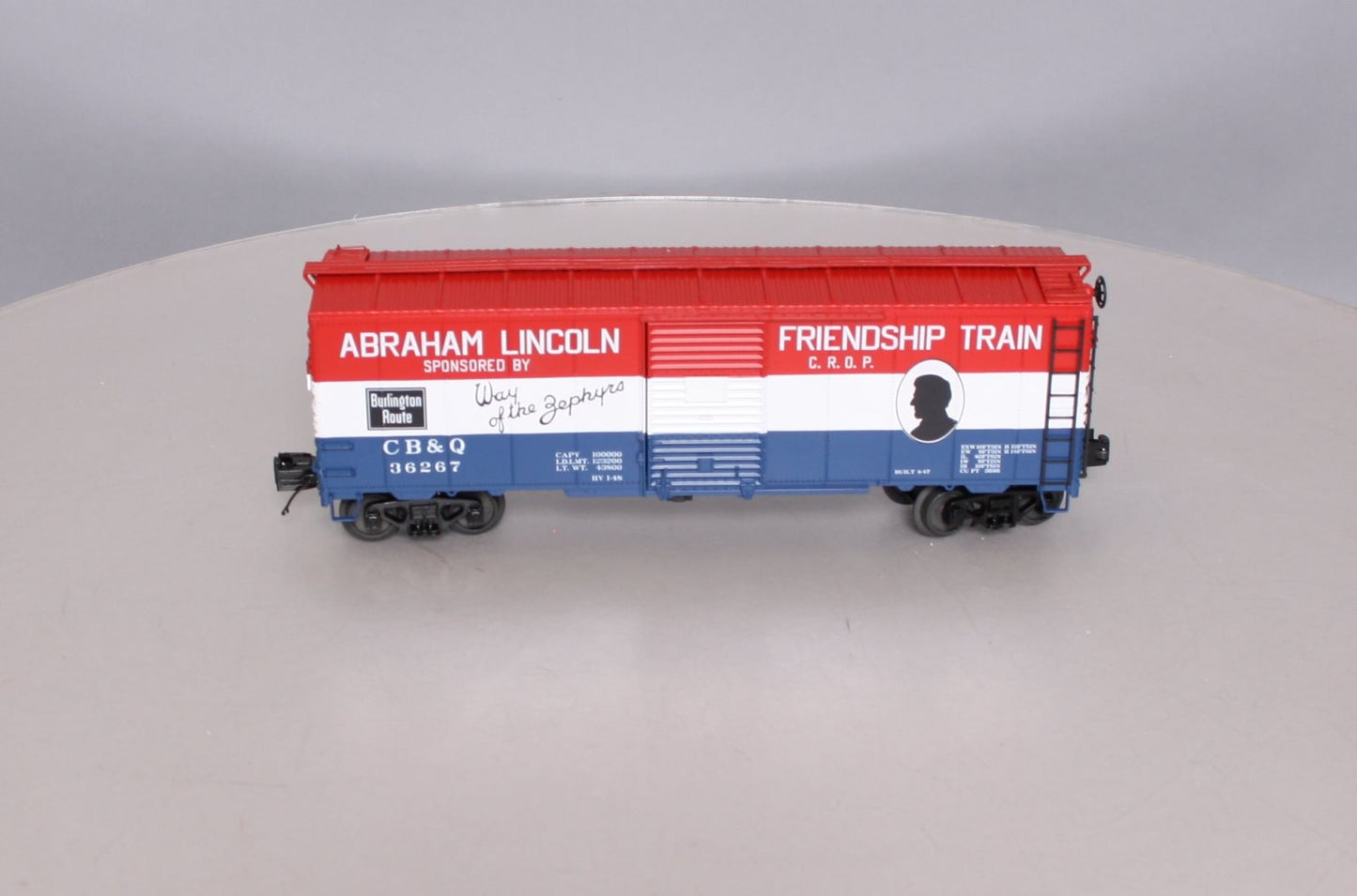 MTH 20-93521 O Gauge CB&Q 1947 Friendship Train 40' AAR Box Car #36267 LN/Box