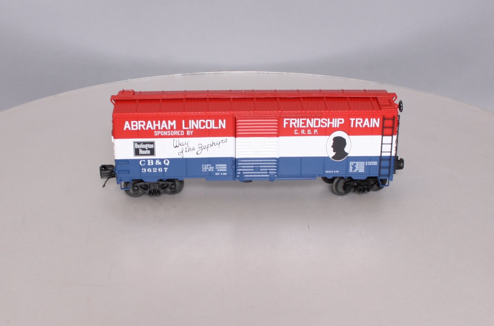 MTH 20-93521 O Gauge CB&Q 1947 Friendship Train 40' AAR Box Car #36267 LN/Box