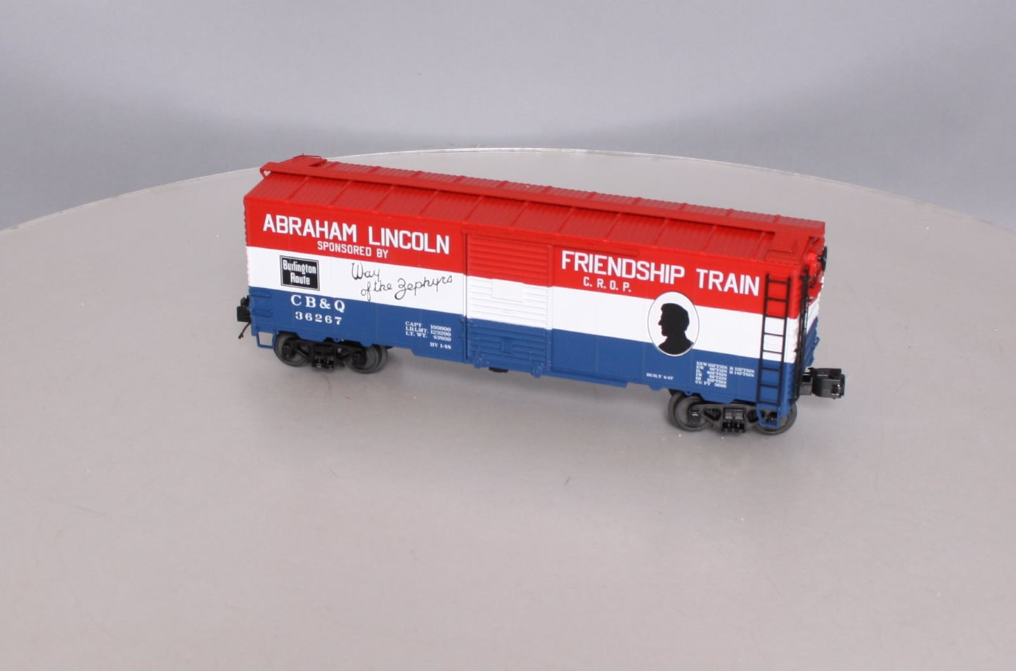 MTH 20-93521 O Gauge CB&Q 1947 Friendship Train 40' AAR Box Car #36267 LN/Box