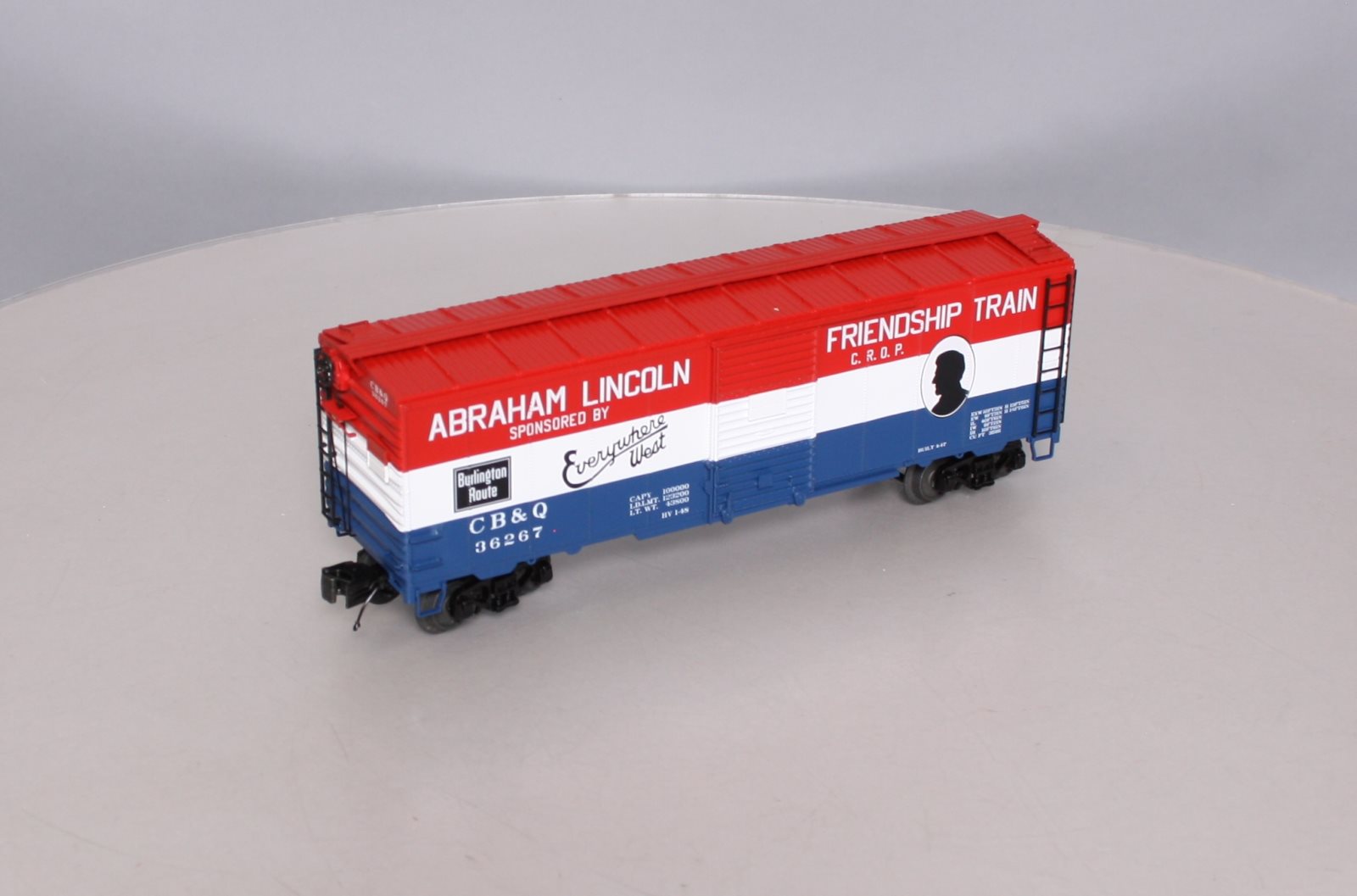 MTH 20-93521 O Gauge CB&Q 1947 Friendship Train 40' AAR Box Car #36267 LN/Box