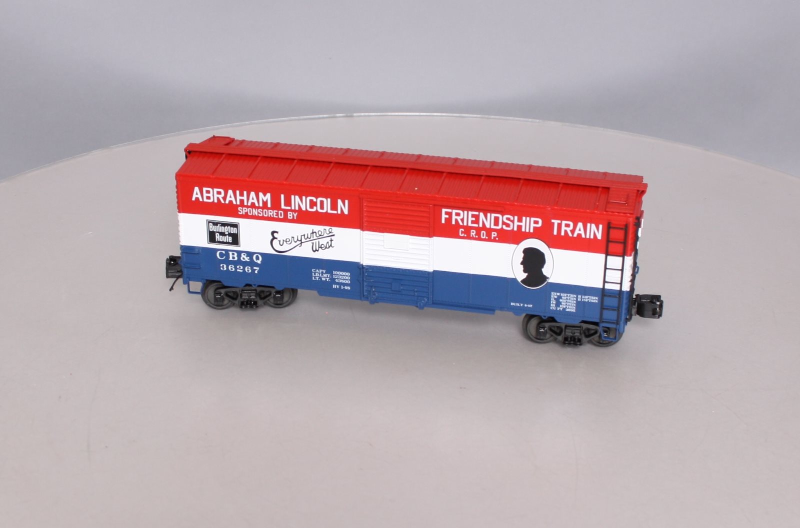 MTH 20-93521 O Gauge CB&Q 1947 Friendship Train 40' AAR Box Car #36267 LN/Box