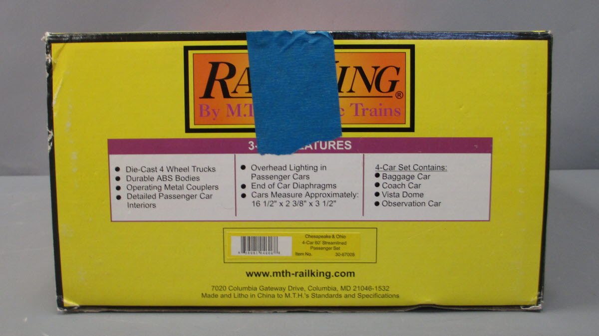 MTH 30-67005 O C&O RailKing 60' Streamlined ABS Passenger Set (Set of 4) EX/Box
