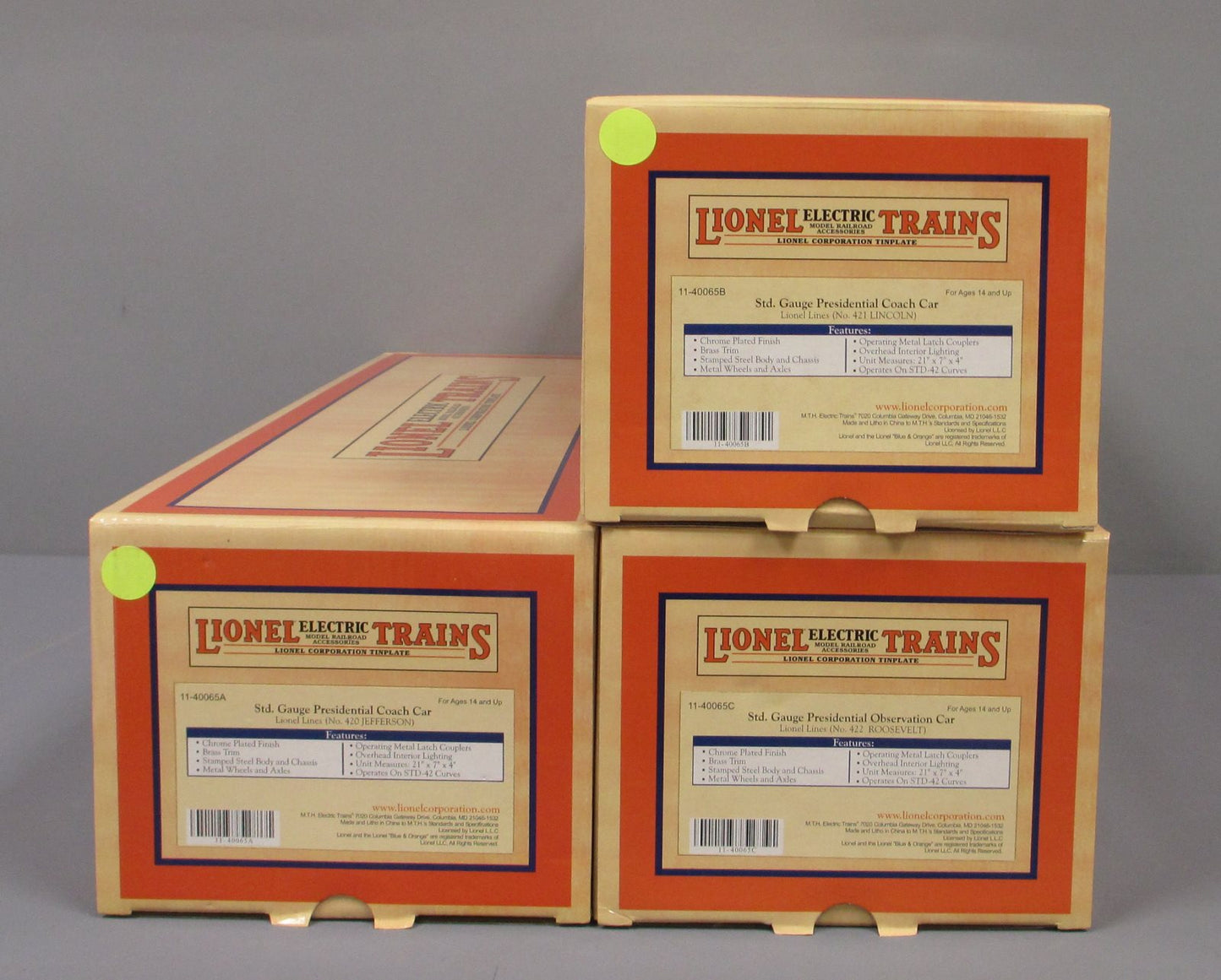 MTH 11-40065 Standard Gauge Lionel Corporation Tinplate 3-Car Presidential Set LN/Box