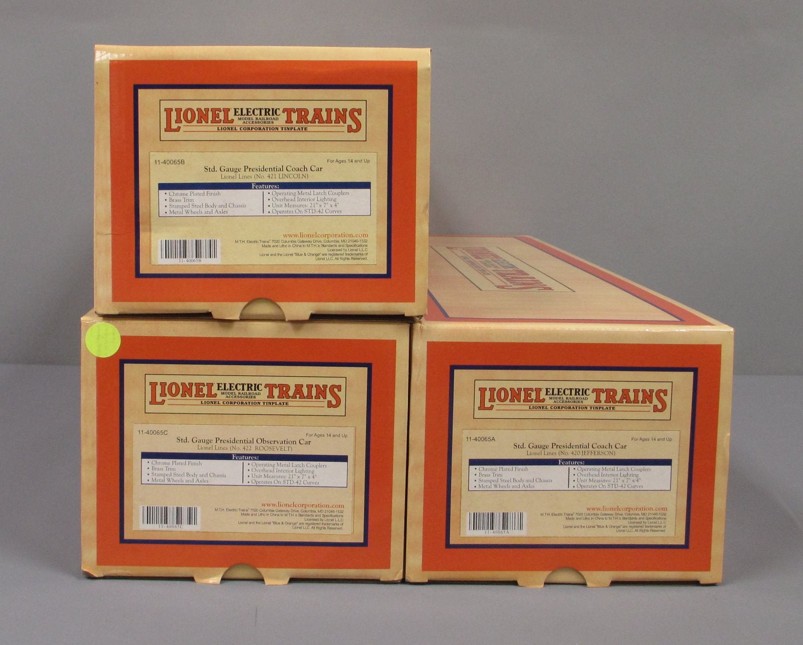 MTH 11-40065 Standard Gauge Lionel Corporation Tinplate 3-Car Presidential Set LN/Box
