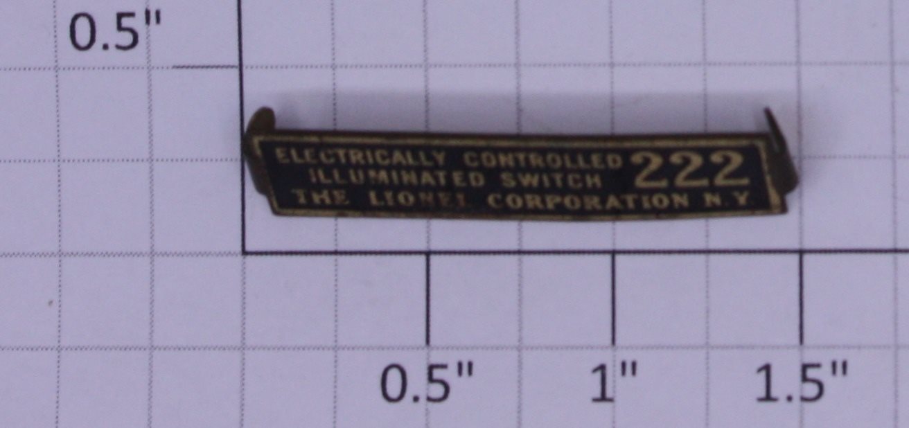 Lionel 222 Illuminated Switch Brass Nameplate w/Tabs