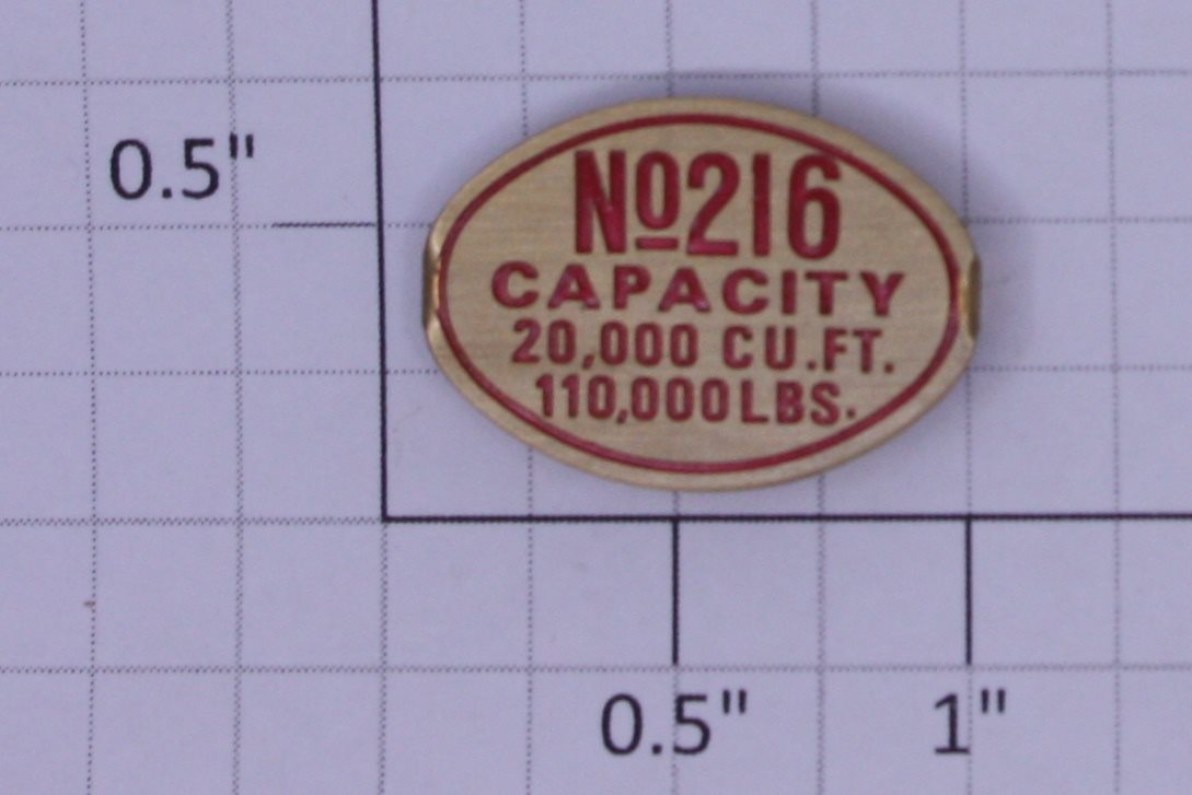 Lionel 216-10 Hopper Brass Capacity Nameplate w/ Red Lettering