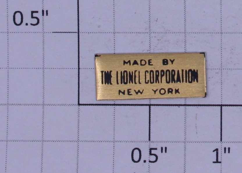 Lionel 260-25 Brass Black Letter Made by Lionel Adhesive Nameplate