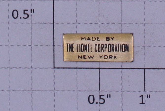 Lionel 260-25 Brass Black Letter Made by Lionel Adhesive Nameplate