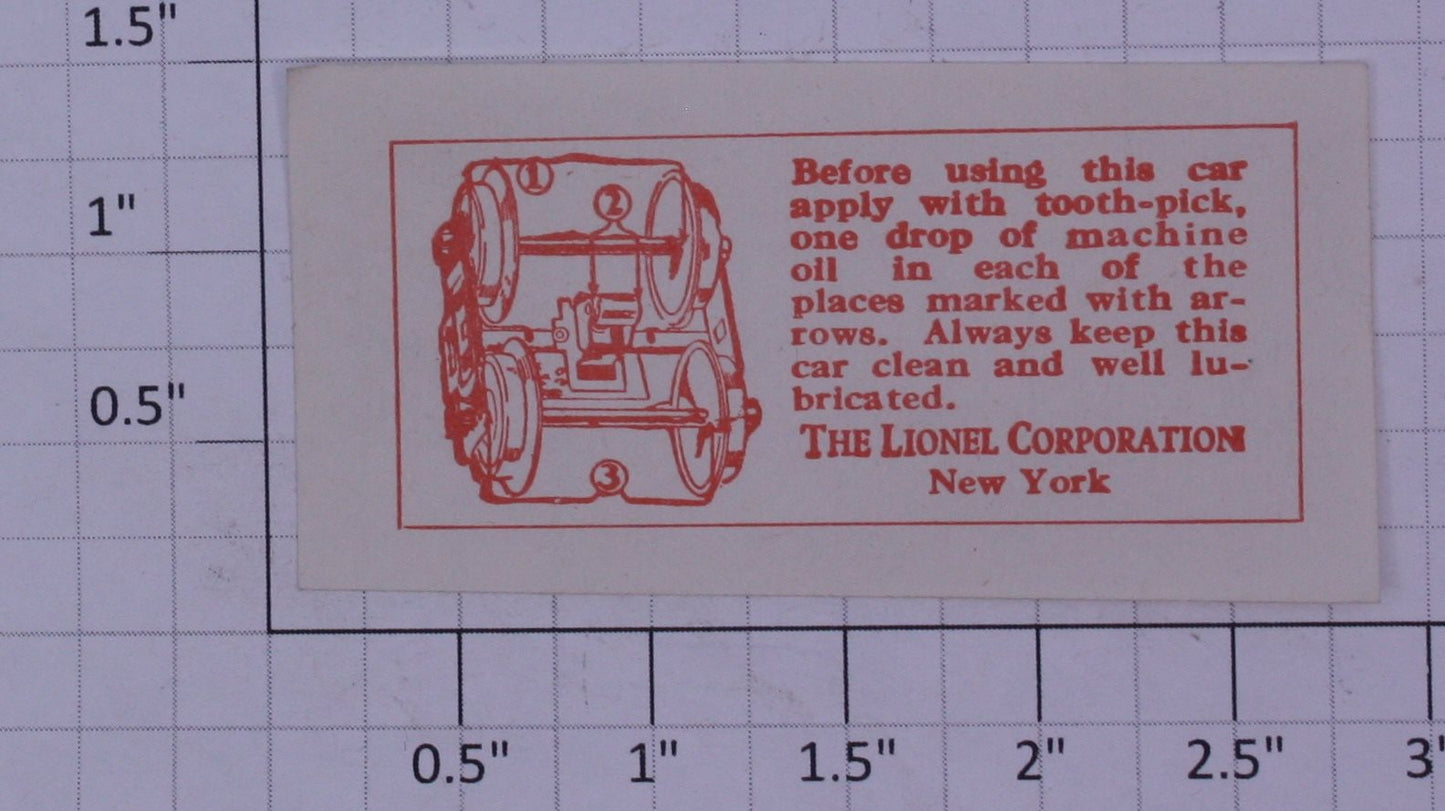 Lionel 100X-1LR Lionel Car Lubricating Instructions Sheet