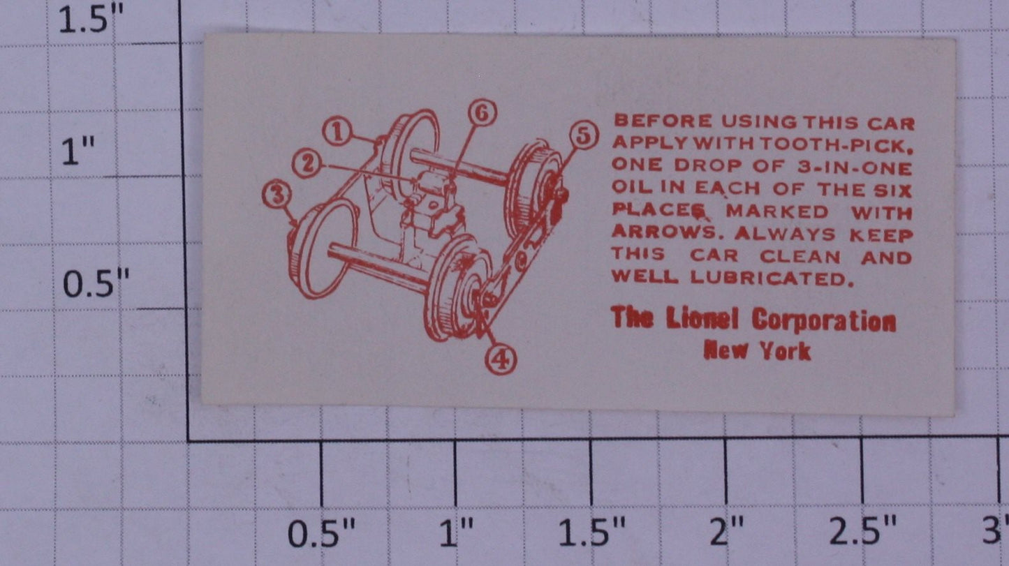 Lionel 100X-2LR Lionel Car Lubricating Instructions Sheet